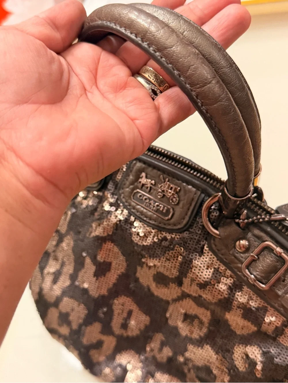 Coach Black and Silver Sequin Leopard Shoulder Bag